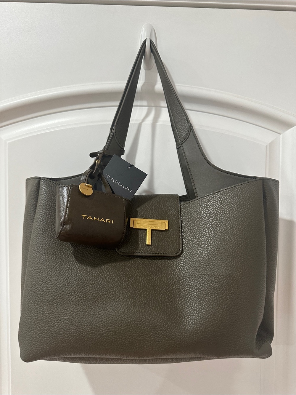 Tahari Olive Tote with Gold T-Bar Accent